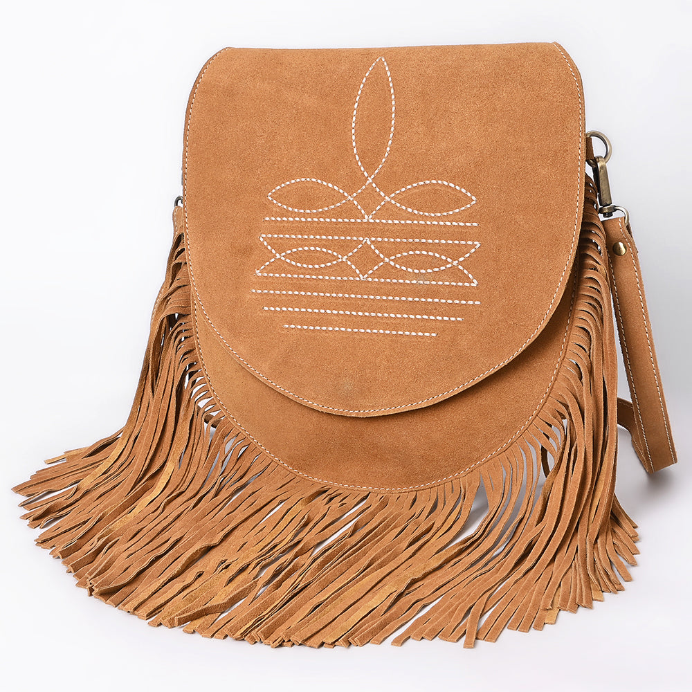 ADBGA713 Genuine suede Western Fringe Messenger Bag - White Stitch Design with Flap Closure
