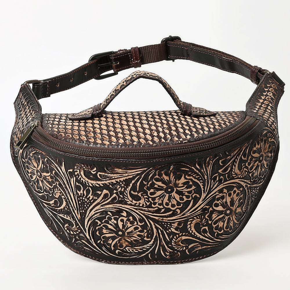ADBGZ829 Hand-Tooled Leather Western Belt Bag - Floral Fanny Pack with Adjustable Strap
