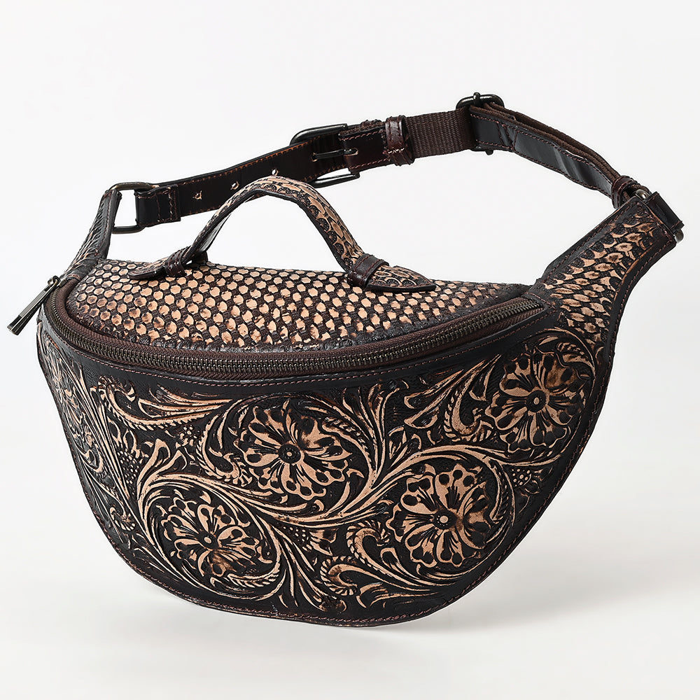 ADBGZ829 Hand-Tooled Leather Western Belt Bag - Floral Fanny Pack with Adjustable Strap