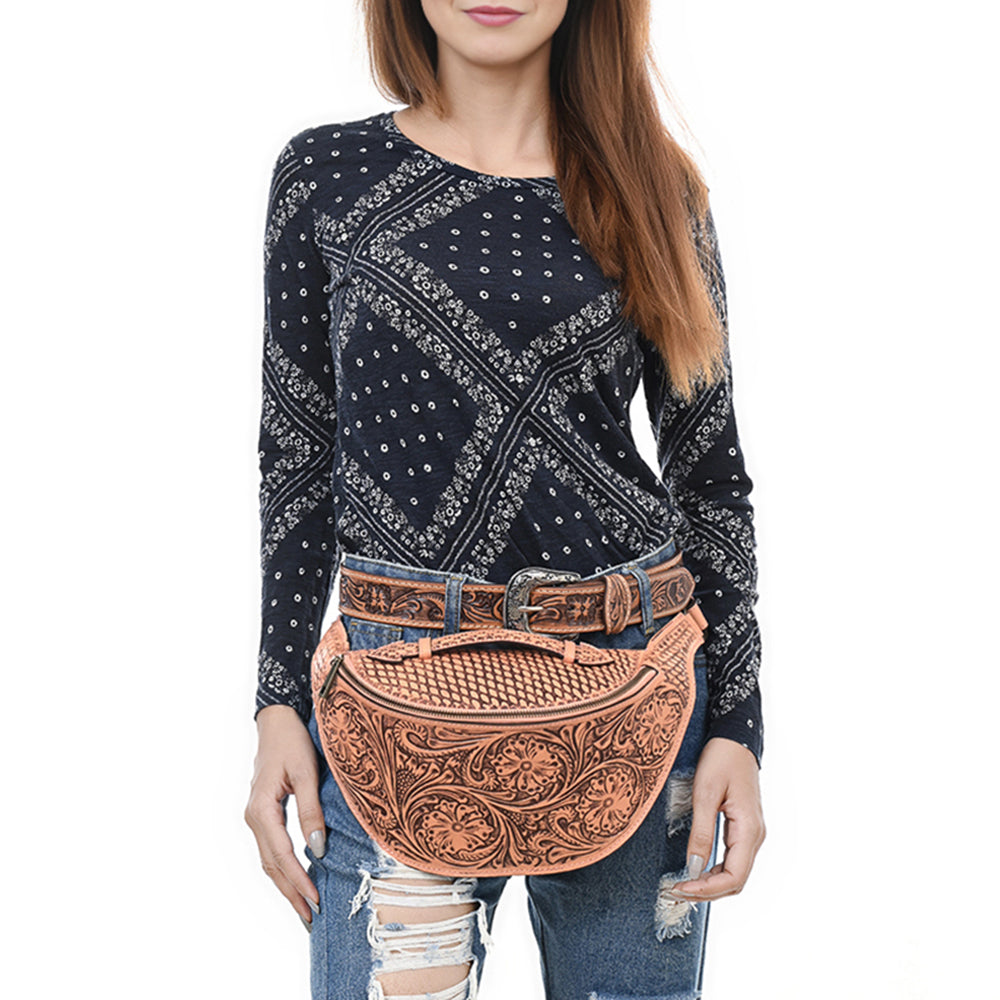 ADBGZ829 Hand-Tooled Leather Western Belt Bag - Floral Fanny Pack with Adjustable Strap