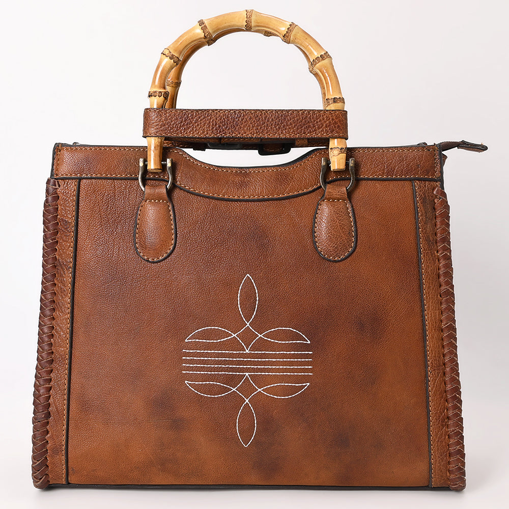 ADBGZ911 Vintage Brown Genuine Leather Tote Bag with Bamboo Handles and White Stitch Detail