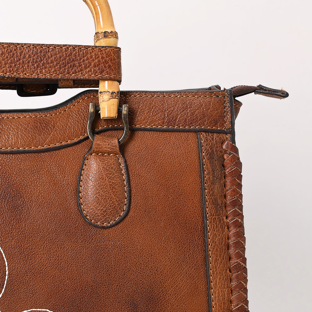 ADBGZ911 Vintage Brown Genuine Leather Tote Bag with Bamboo Handles and White Stitch Detail