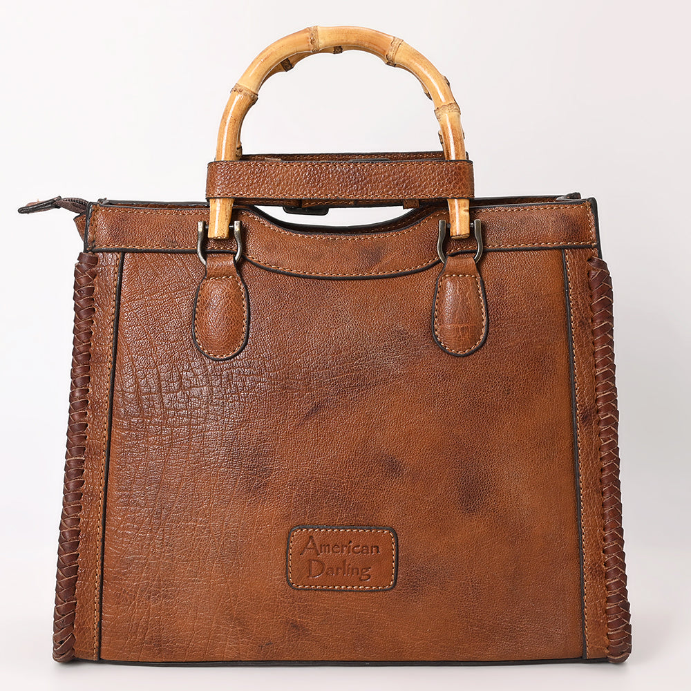 ADBGZ911 Vintage Brown Genuine Leather Tote Bag with Bamboo Handles and White Stitch Detail