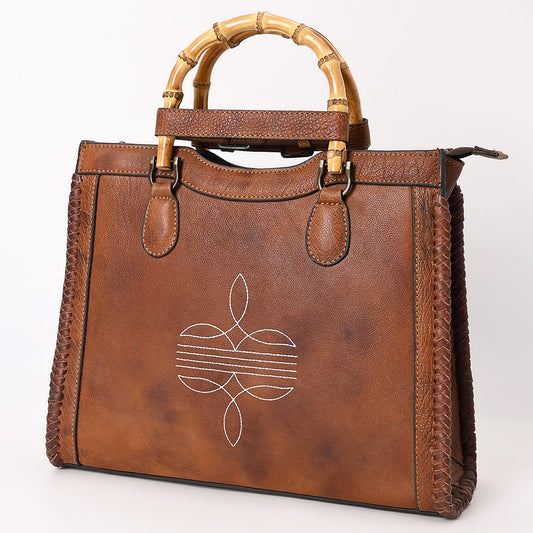 ADBGZ911 Vintage Brown Genuine Leather Tote Bag with Bamboo Handles and White Stitch Detail