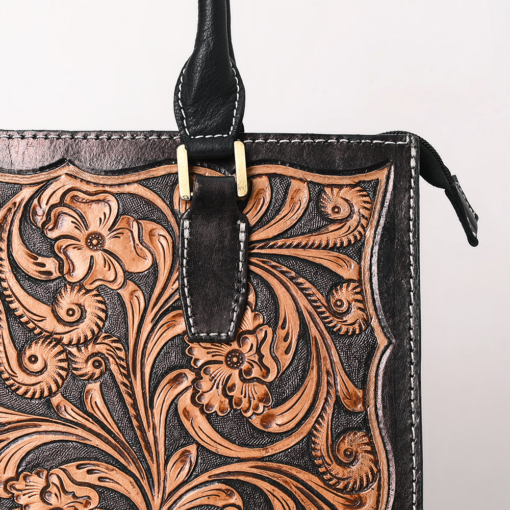 ADBGA642 Hand-Tooled Leather Tall Tote Bag with Floral Carving & Rolled Handles