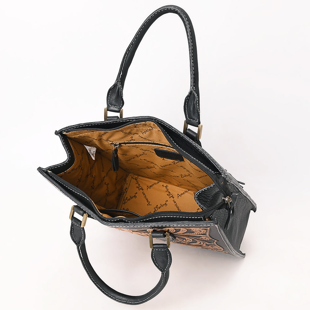 ADBGA642 Hand-Tooled Leather Tall Tote Bag with Floral Carving & Rolled Handles
