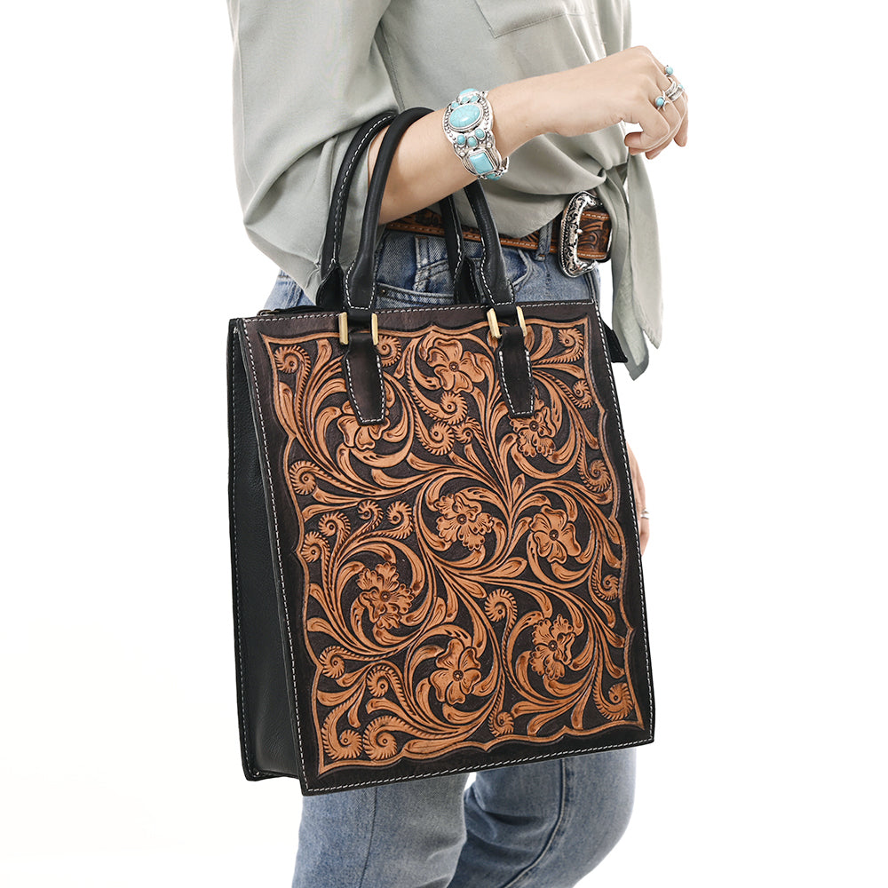ADBGA642 Hand-Tooled Leather Tall Tote Bag with Floral Carving & Rolled Handles