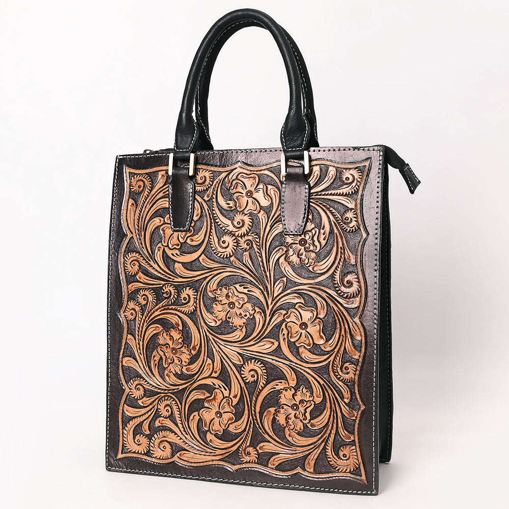 ADBGA642 Hand-Tooled Leather Tall Tote Bag with Floral Carving & Rolled Handles