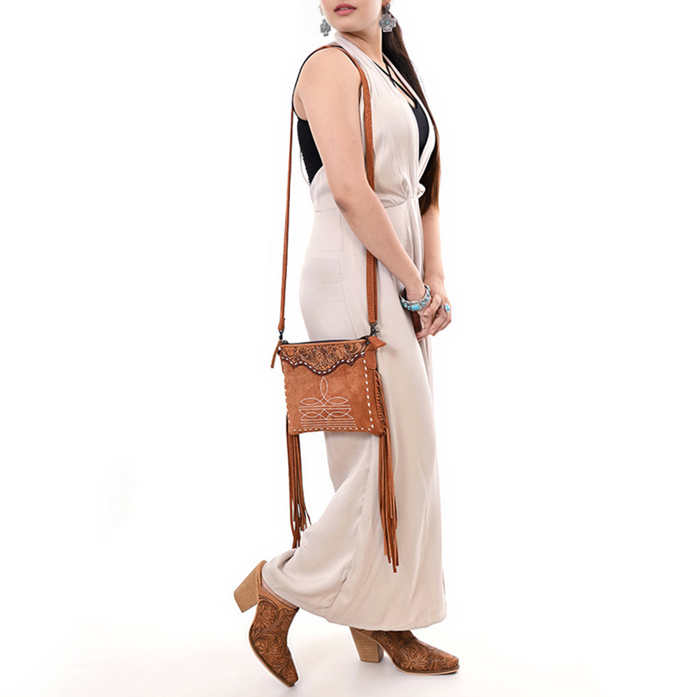 ADBG1648 Brown Genuine suede Fringe Crossbody Bag with Tooled Leather Yoke & White Embroidery