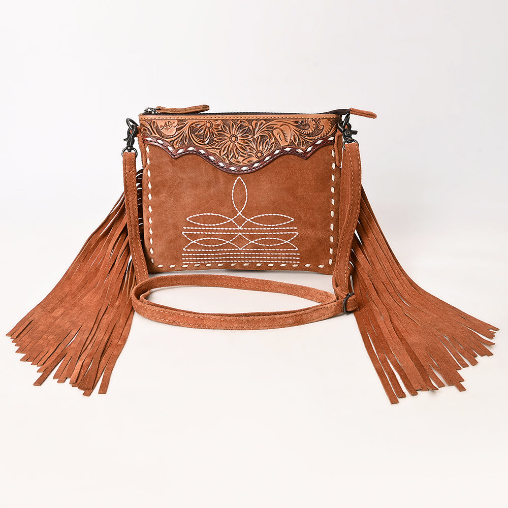 ADBG1648 Brown Genuine suede Fringe Crossbody Bag with Tooled Leather Yoke & White Embroidery