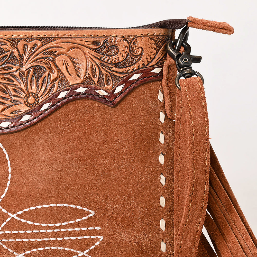 ADBG1648 Brown Genuine suede Fringe Crossbody Bag with Tooled Leather Yoke & White Embroidery