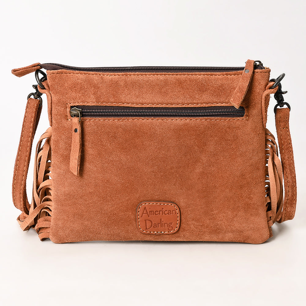 ADBG1648 Brown Genuine suede Fringe Crossbody Bag with Tooled Leather Yoke & White Embroidery