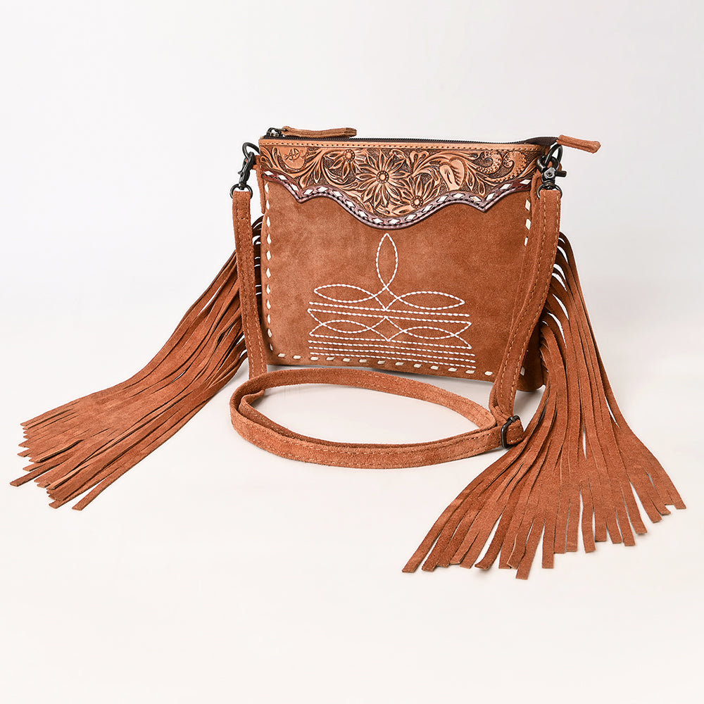 ADBG1648 Brown Genuine suede Fringe Crossbody Bag with Tooled Leather Yoke & White Embroidery
