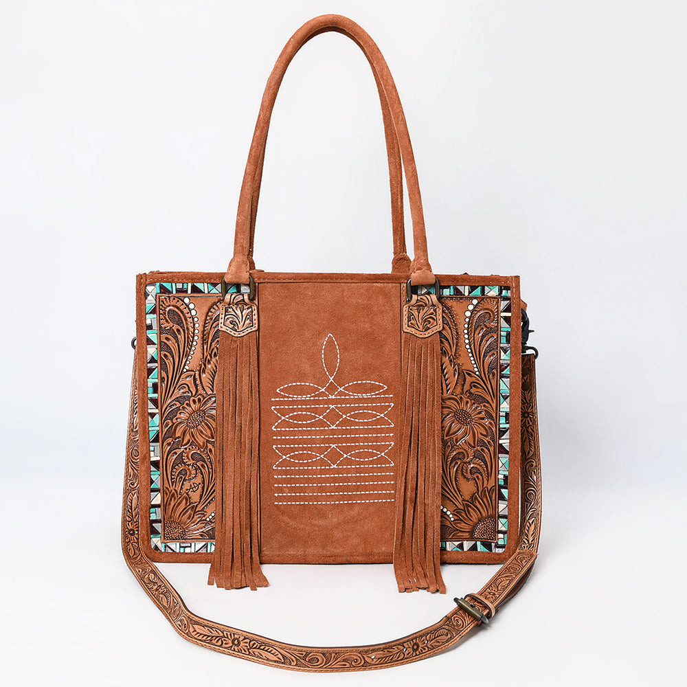 ADBG1649 Tan Genuine suede Western Tote Bag with Tooled Leather, Turquoise Inlay & Fringe Accents