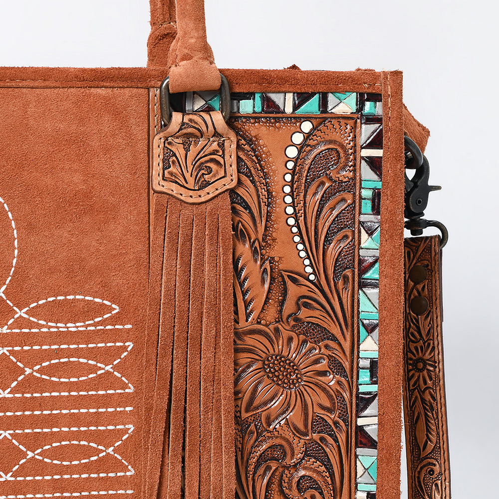 ADBG1649 Tan Genuine suede Western Tote Bag with Tooled Leather, Turquoise Inlay & Fringe Accents