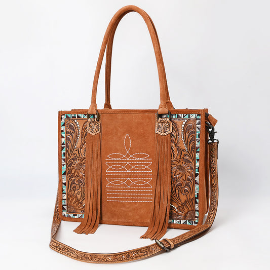 ADBG1649 Tan Genuine suede Western Tote Bag with Tooled Leather, Turquoise Inlay & Fringe Accents