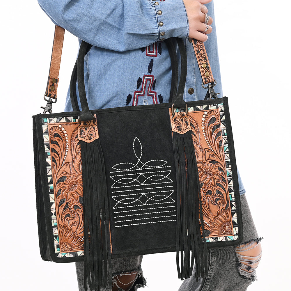 ADBG1649B Black Genuine suede Western Tote Bag - Handcrafted Genuine Leather with White Stitching by American Darling
