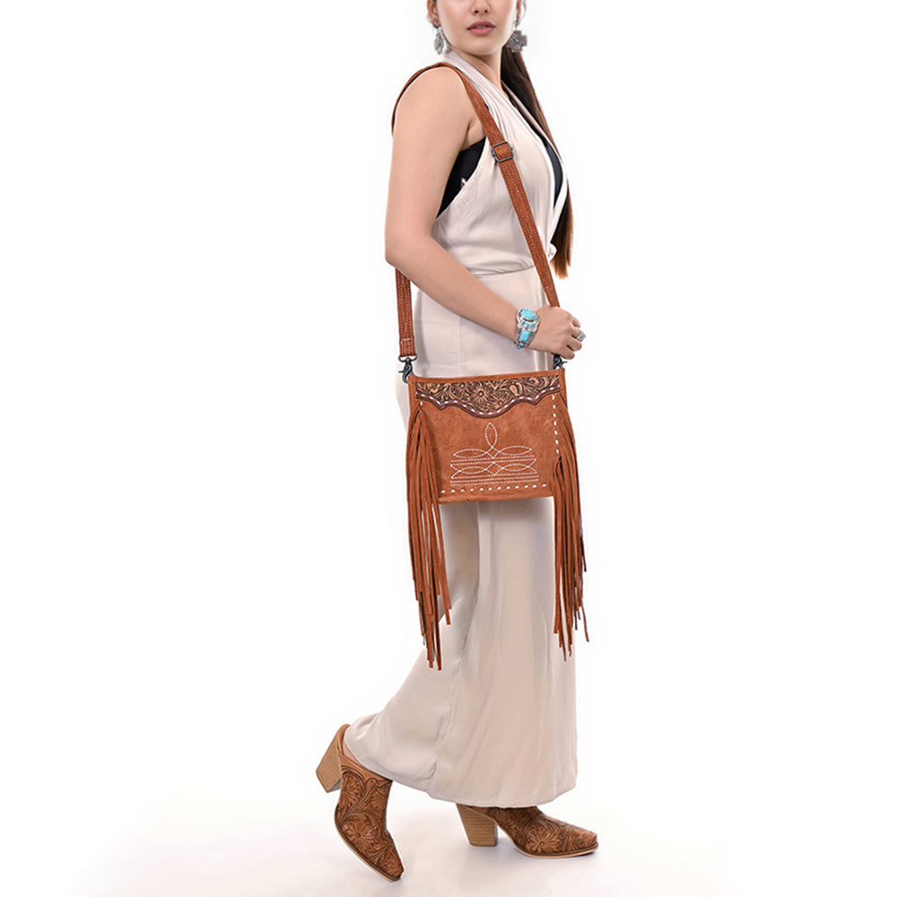 ADBG1651 Tan Genuine suede Fringe Crossbody Bag with Tooled Leather Yoke & White Embroidery