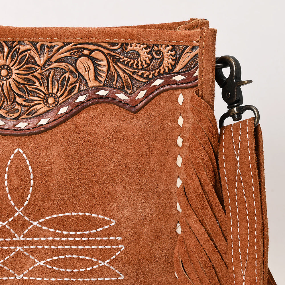 ADBG1651 Tan Genuine suede Fringe Crossbody Bag with Tooled Leather Yoke & White Embroidery