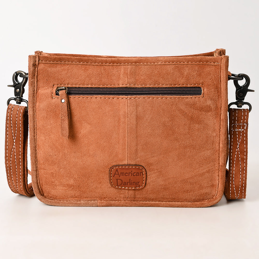 ADBG1651 Tan Genuine suede Fringe Crossbody Bag with Tooled Leather Yoke & White Embroidery