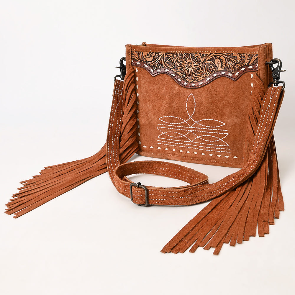 ADBG1651 Tan Genuine suede Fringe Crossbody Bag with Tooled Leather Yoke & White Embroidery