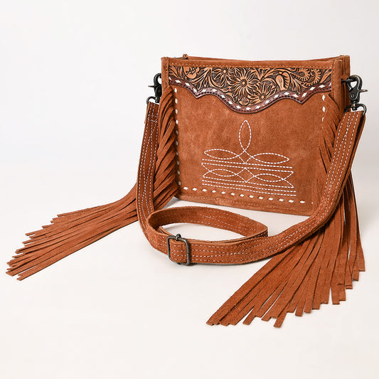 ADBG1651 Tan Genuine suede Fringe Crossbody Bag with Tooled Leather Yoke & White Embroidery