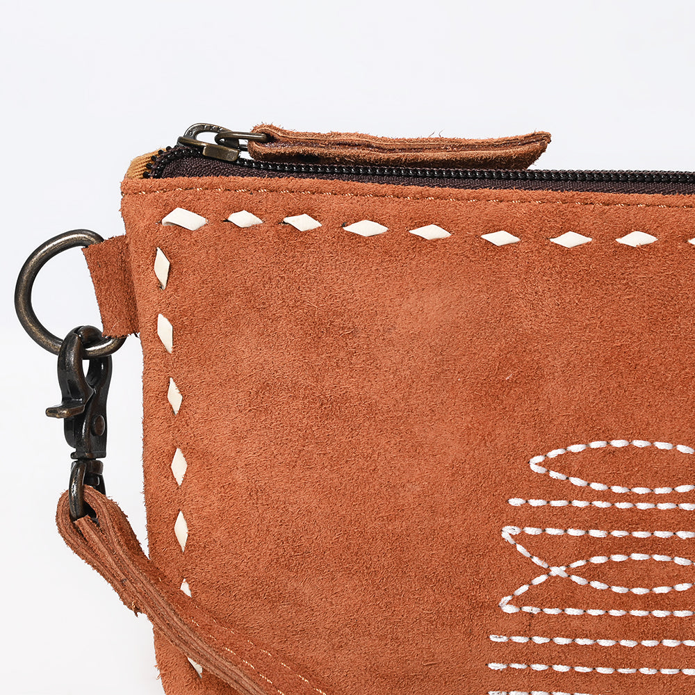 ADBG1652 Tan Genuine suede Wristlet Pouch with White Embroidery & Zip Closure