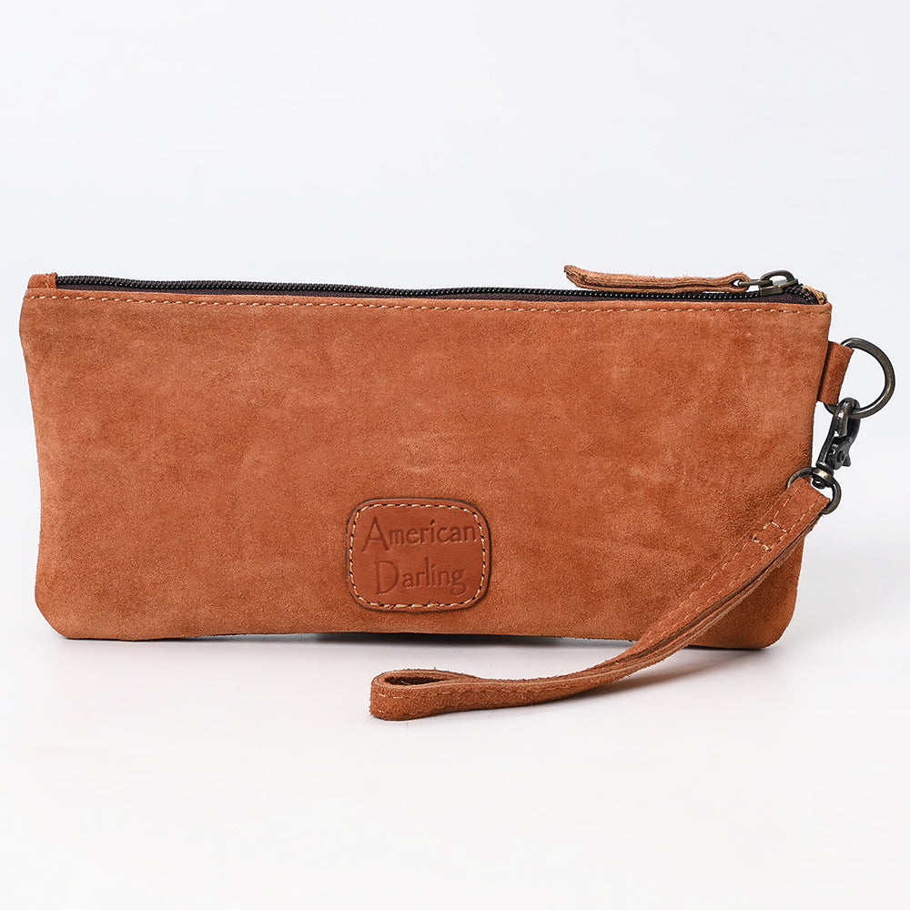 ADBG1652 Tan Genuine suede Wristlet Pouch with White Embroidery & Zip Closure