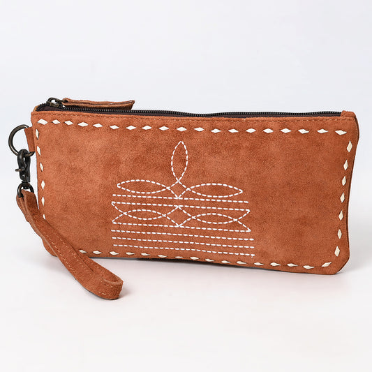 ADBG1652 Tan Genuine suede Wristlet Pouch with White Embroidery & Zip Closure