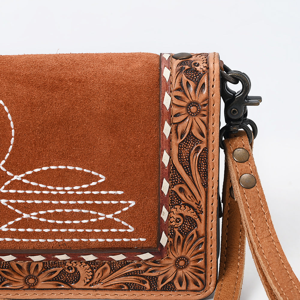 ADBG1653 Tan Genuine suede & Tooled Leather Organiser Bag with White Embroidery and Floral Border