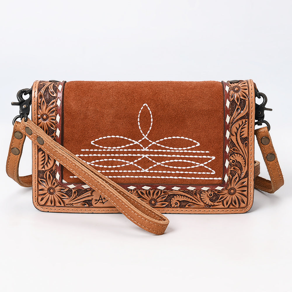 ADBG1653 Tan Genuine suede & Tooled Leather Organiser Bag with White Embroidery and Floral Border