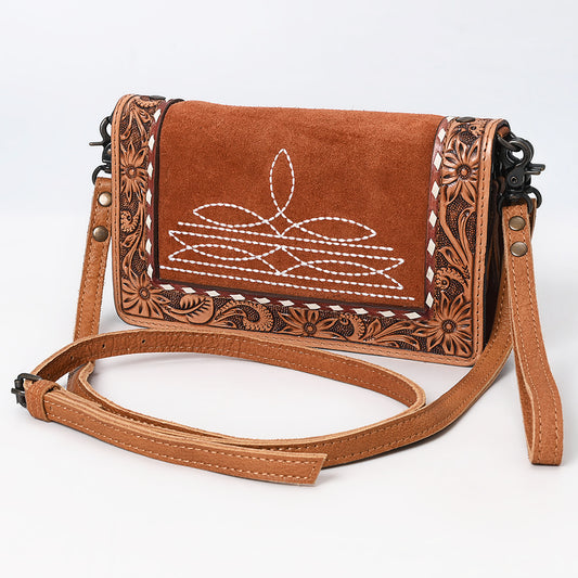 ADBG1653 Tan Genuine suede & Tooled Leather Organiser Bag with White Embroidery and Floral Border