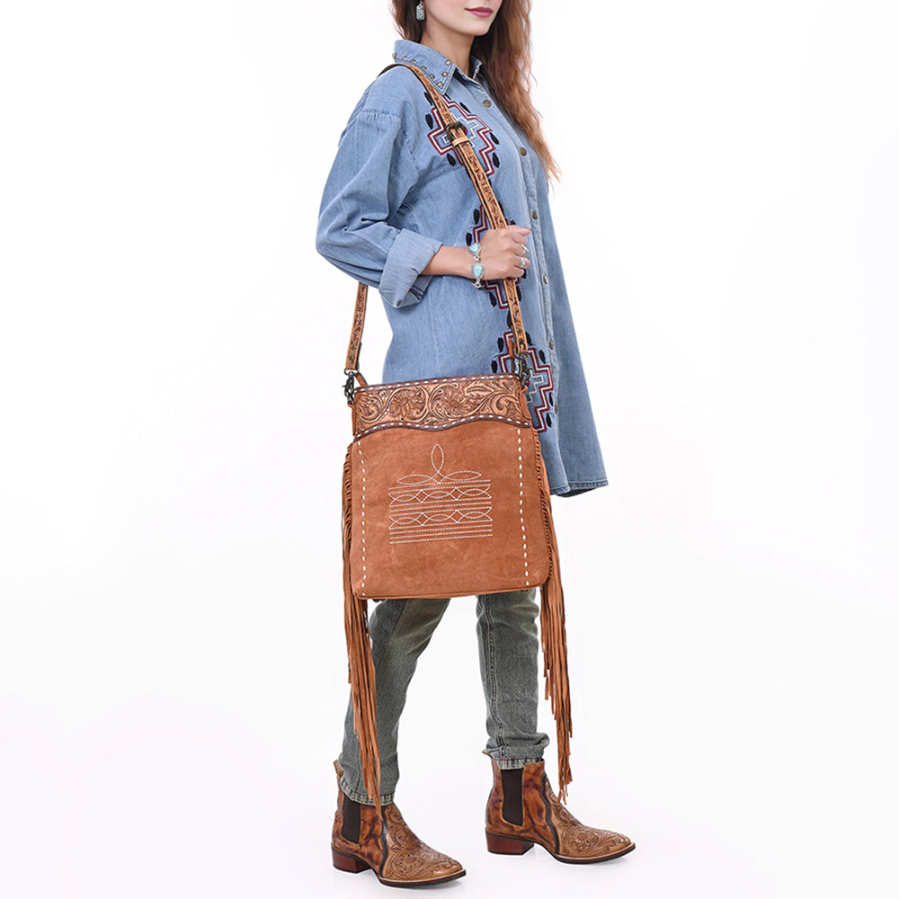 ADBG1654 Tan Genuine suede Crossbody Bag with Tooled Leather, Fringe & White Embroidery