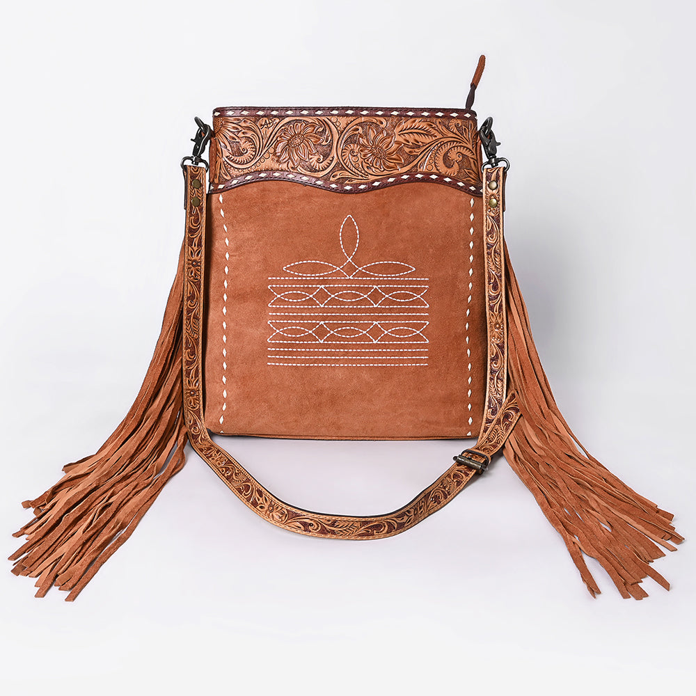 ADBG1654 Tan Genuine suede Crossbody Bag with Tooled Leather, Fringe & White Embroidery