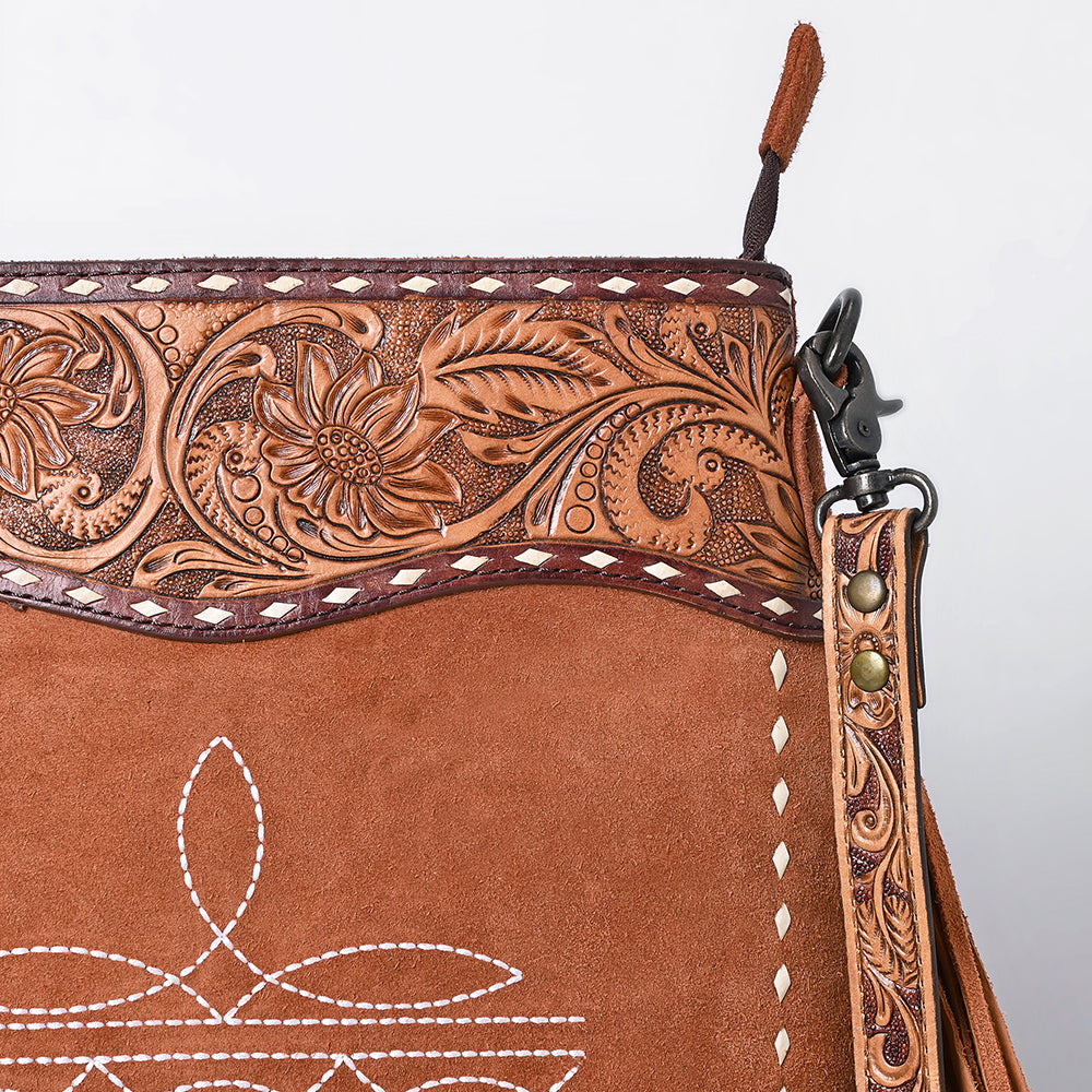ADBG1654 Tan Genuine suede Crossbody Bag with Tooled Leather, Fringe & White Embroidery