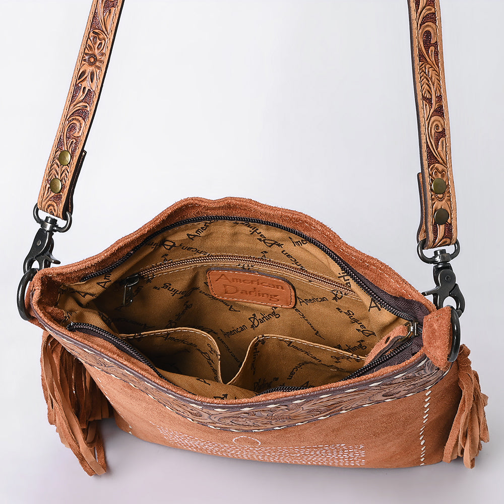 ADBG1654 Tan Genuine suede Crossbody Bag with Tooled Leather, Fringe & White Embroidery