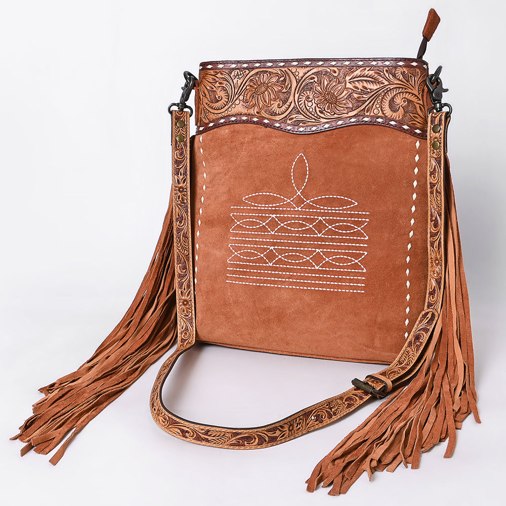 ADBG1654 Tan Genuine suede Crossbody Bag with Tooled Leather, Fringe & White Embroidery