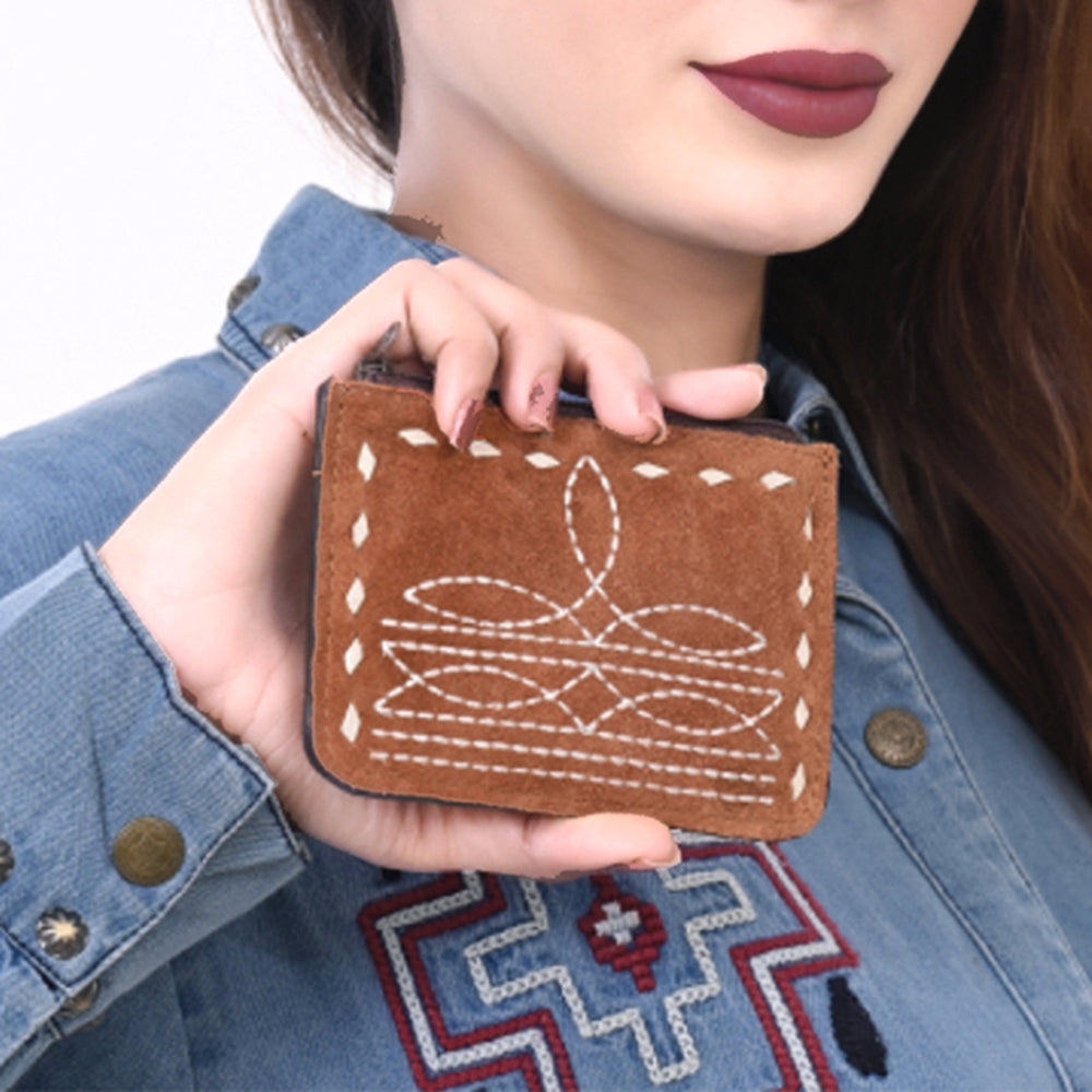 ADBG1655 Tan Genuine suede Card Holder with White Embroidery & Zip Closure