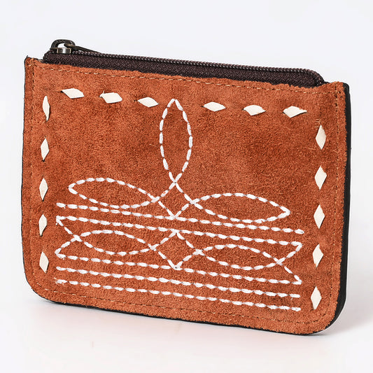 ADBG1655 Tan Genuine suede Card Holder with White Embroidery & Zip Closure