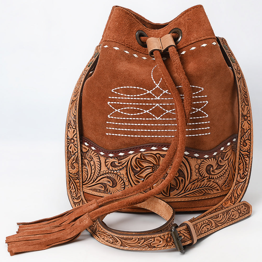 ADBG1656 Tan genuine Genuine suede Bucket Bag with Tooled Leather, White Embroidery & Drawstring Closure