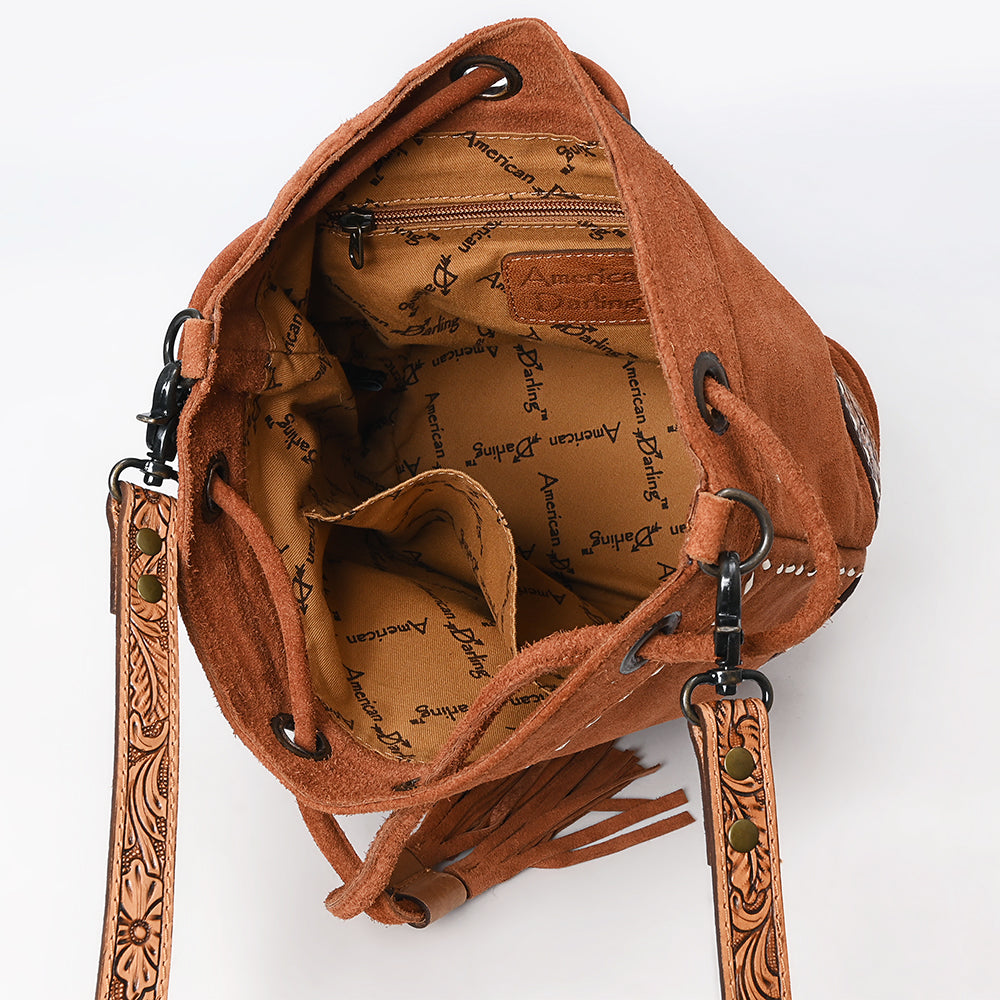 ADBG1656 Tan genuine Genuine suede Bucket Bag with Tooled Leather, White Embroidery & Drawstring Closure