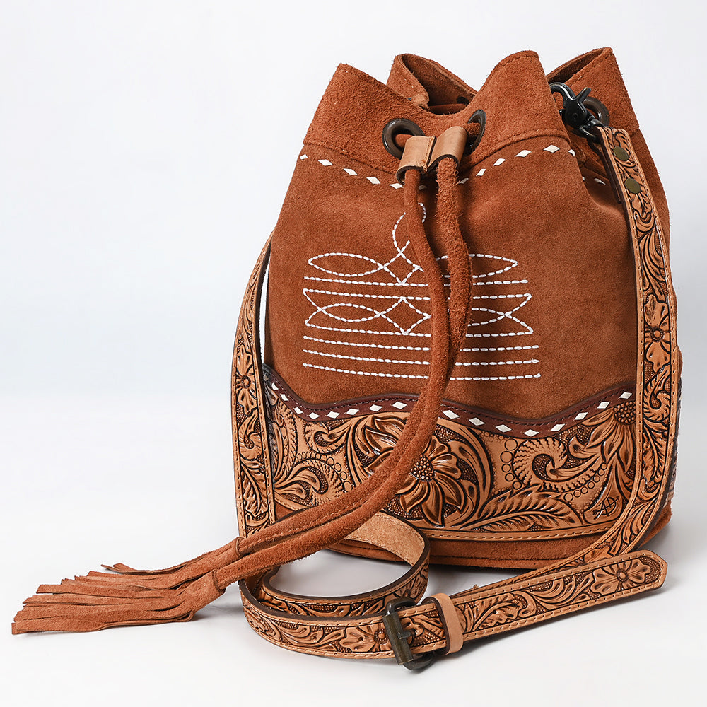 ADBG1656 Tan genuine Genuine suede Bucket Bag with Tooled Leather, White Embroidery & Drawstring Closure