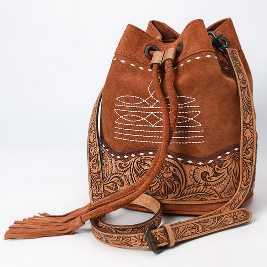 ADBG1656 Tan genuine Genuine suede Bucket Bag with Tooled Leather, White Embroidery & Drawstring Closure