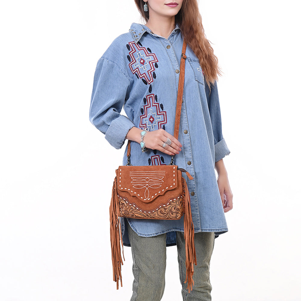 ADBG1657 Tan Genuine suede Crossbody Bag with Scalloped Flap, Tooled Leather & Fringe