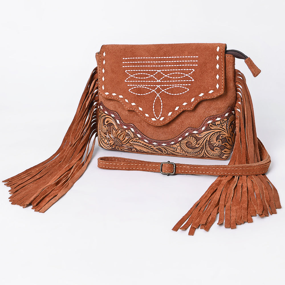 ADBG1657 Tan Genuine suede Crossbody Bag with Scalloped Flap, Tooled Leather & Fringe