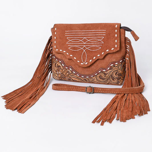 ADBG1657 Tan Genuine suede Crossbody Bag with Scalloped Flap, Tooled Leather & Fringe