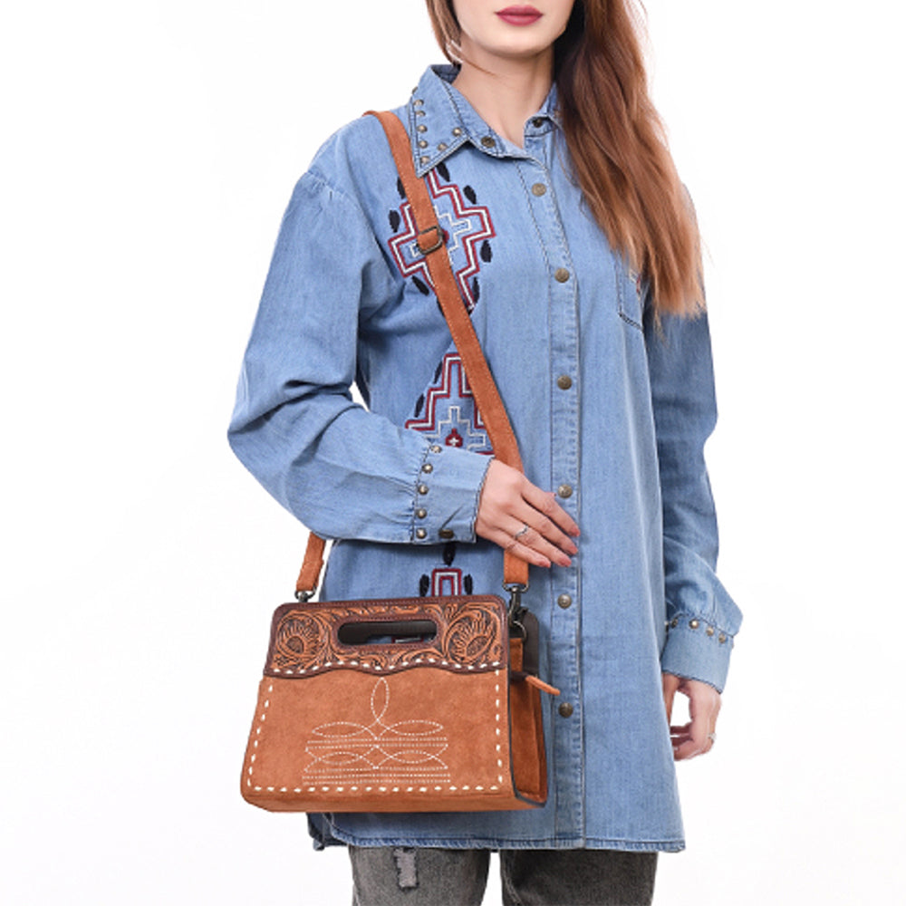 ADBG1658 Tan Genuine suede Convertible Crossbody with Handle Cutout & Tooled Leather Trim
