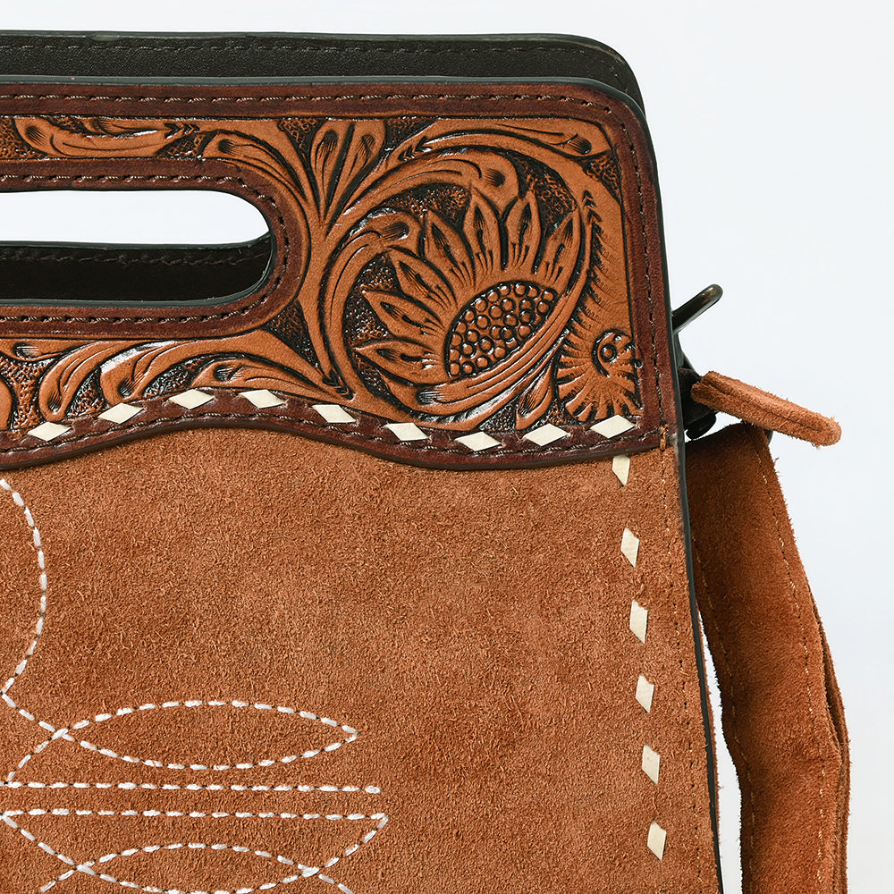 ADBG1658 Tan Genuine suede Convertible Crossbody with Handle Cutout & Tooled Leather Trim