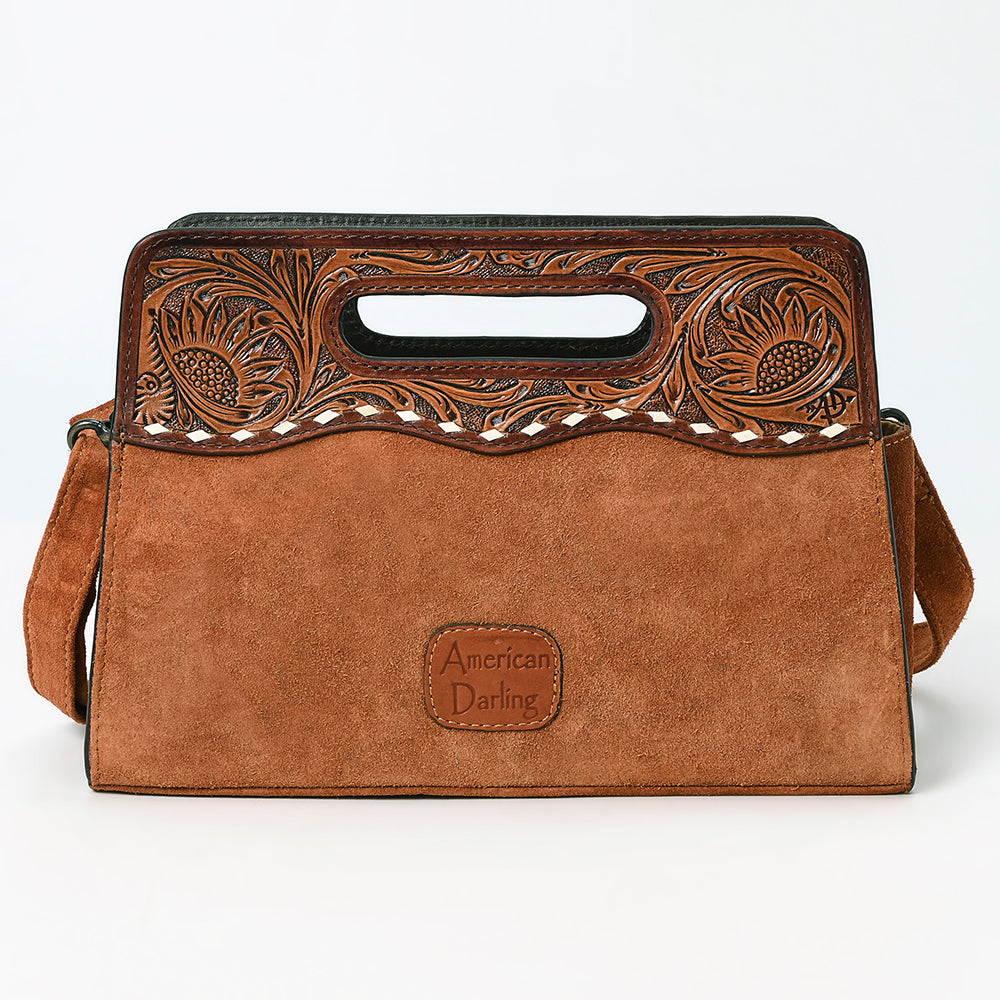 ADBG1658 Tan Genuine suede Convertible Crossbody with Handle Cutout & Tooled Leather Trim