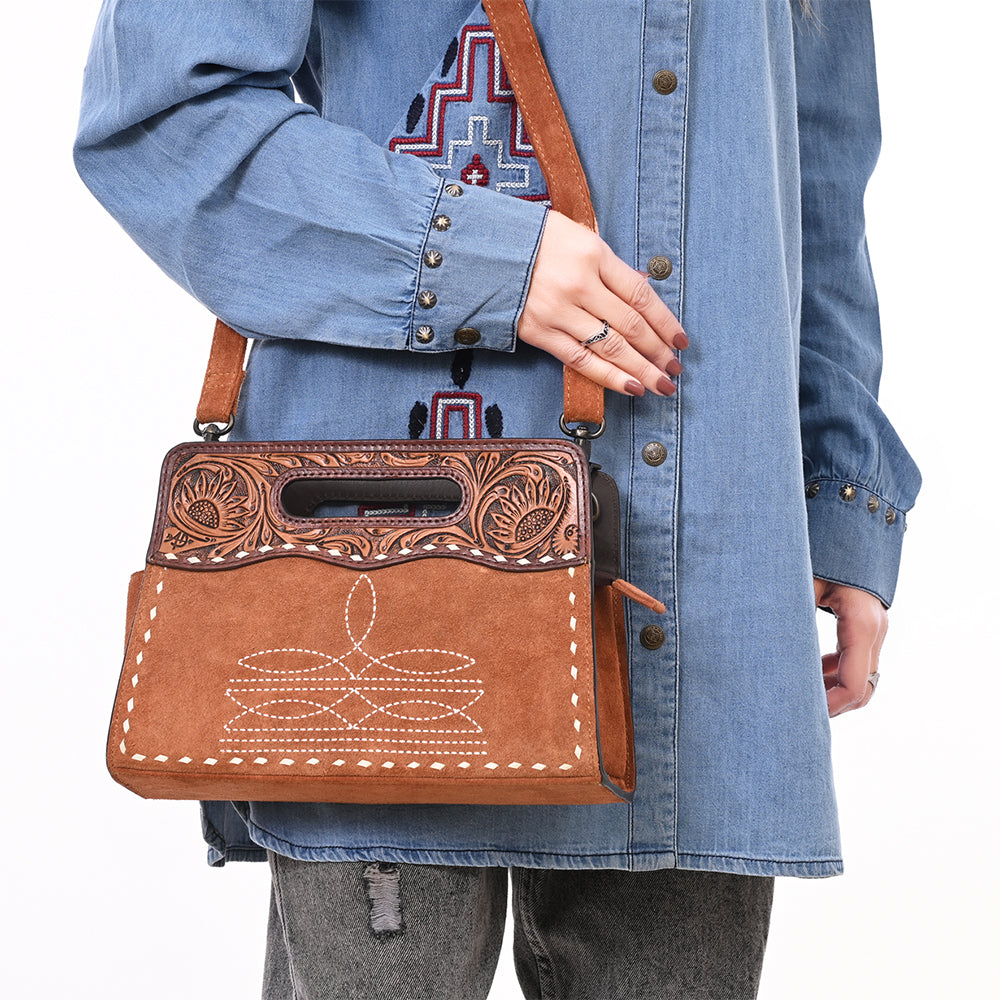 ADBG1658 Tan Genuine suede Convertible Crossbody with Handle Cutout & Tooled Leather Trim